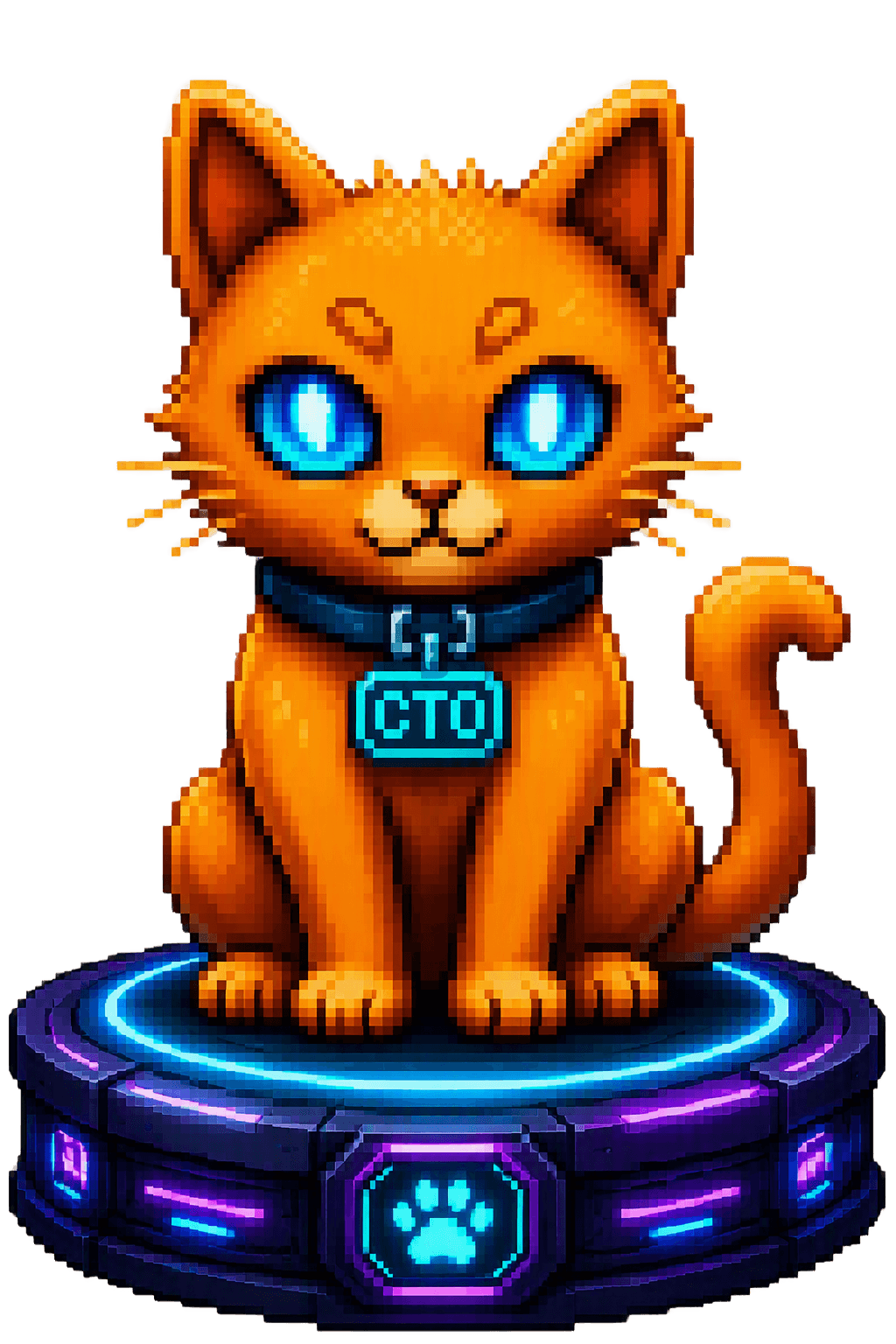 Cat To Own official orange pixel-art mascot cat with cyan eyes and a CTO collar tag, standing on a glowing platform